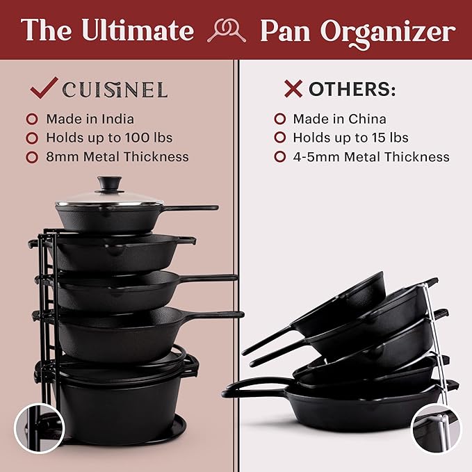 Cuisinel Pots and Pans Organizer Rack - 60 to 100-LBS Capacity Extremely Heavy Duty - 8mm Thick - Made in India - Matte-Black 15.9"-Tall 5-Tier Space Saving Kitchen Cookware Storage - Image 3