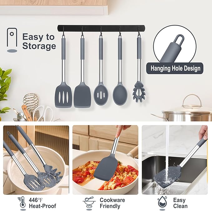 TeamFar Silicone Cooking Utensils Set, 5 PCS Heat-Proof Kitchen Utensils with Stainless Steel Handle, Turner/Spoon/Pasta Server for Nonstick Cookware Frying Flipping Draining, Light Grey - Image 6