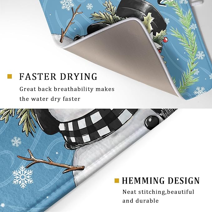 Christmas Snowman Dish Drying Mat for Kitchen Counter 18x24 Blue White Snowflake Welcome Winter Holiday Absorbent Reversible Microfiber Drying Mats Kitchen Countertop Protector Dishes Drainer Rack Pad - Image 3