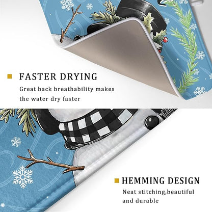 Christmas Snowman Dish Drying Mat for Kitchen Counter 18x24 Blue White Snowflake Welcome Winter Holiday Absorbent Reversible Microfiber Drying Mats Kitchen Countertop Protector Dishes Drainer Rack Pad - Image 3