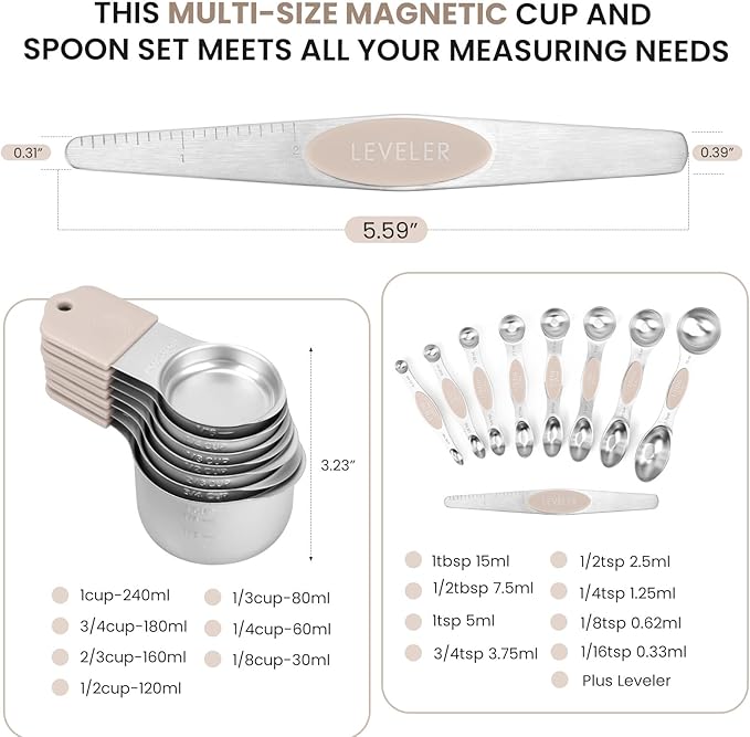 Magnetic Measuring Cups and Spoons Set-Heavy Duty 304 Stainless Steel，Double Measurement Markings，Set of 16 with Leveler for Measure Dry and Liquid Ingredients (khaki) - Image 6