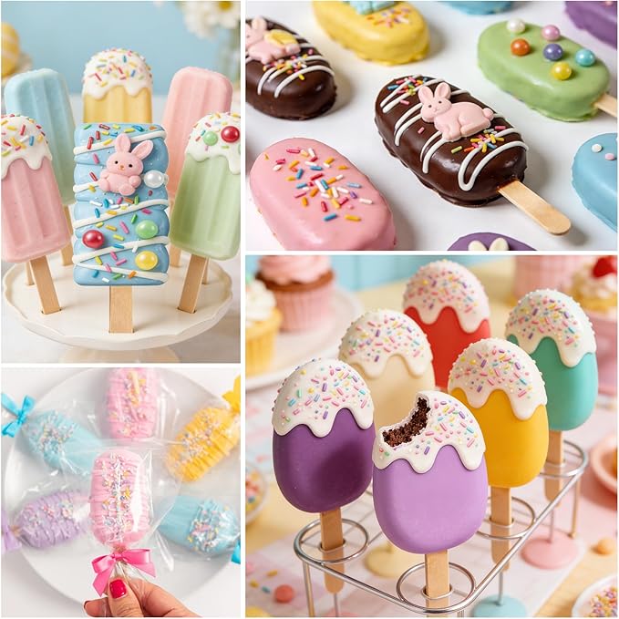 Juome Cake Pop Mold Kit, 2 Pack 6 Cavities Cakesicle Molds Silicone with 100 Wooden Sticks & 100 Packaging Bags with Ties, Cake Pop Maker Supplies Accessories, Baking Tools for Home Baking Desserts - Image 4