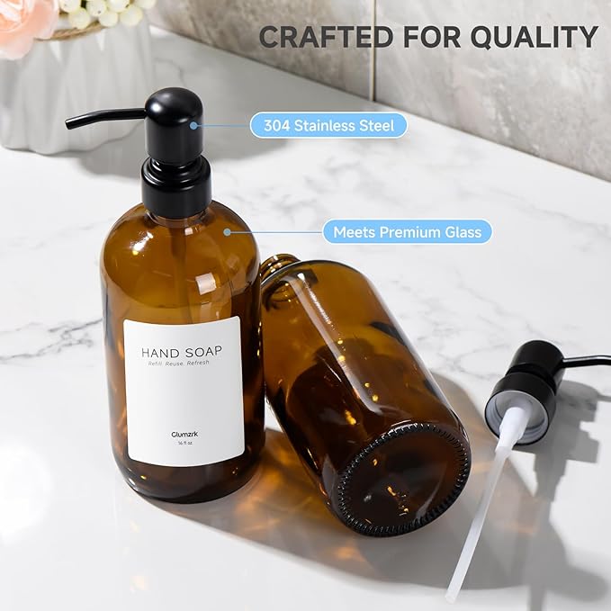2 Pack Kitchen Soap Dispenser Set - 16oz Amber Glass Dish and Hand Soap Dispenser with Stainless Steel Pump, Instant Dry Tray, Dish Brush & Holder, Refillable Countertop Sink Decor for Kitchen & Bath - Image 3