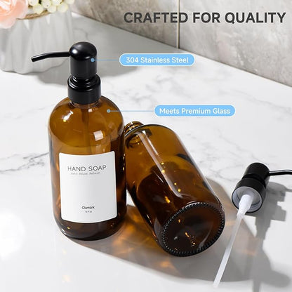 2 Pack Kitchen Soap Dispenser Set - 16oz Amber Glass Dish and Hand Soap Dispenser with Stainless Steel Pump, Instant Dry Tray, Dish Brush & Holder, Refillable Countertop Sink Decor for Kitchen & Bath - Image 3