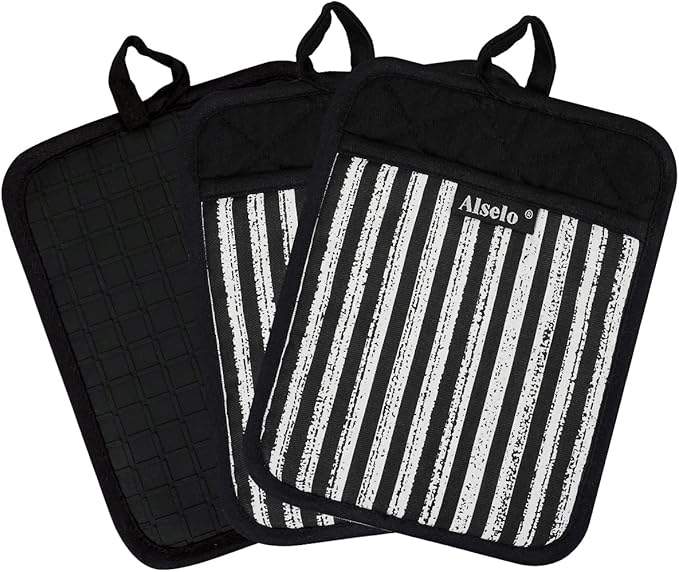 Alselo Silicone Pot Holders Set of 3 Heat Resistant & Non Slip Potholders, Professional Oven Hot Pads with Pockets Mitts for Kitchen Cooking Baking Barbecue (3, Black) - Image 9