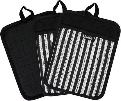 Alselo Silicone Pot Holders Set of 3 Heat Resistant & Non Slip Potholders, Professional Oven Hot Pads with Pockets Mitts for Kitchen Cooking Baking Barbecue (3, Black) - Image 9