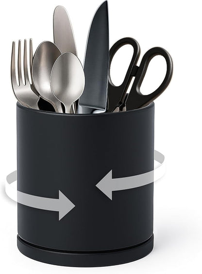 D'vine Dev 360° Rotating Utensil Holder – 5" Kitchen Utensil Crock for Countertop, Modern Cooking Tool Organizer for Kitchen Storage & Décor, Black, 72-X-B-1