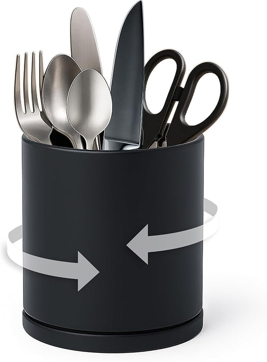 D'vine Dev 360° Rotating Utensil Holder – 5" Kitchen Utensil Crock for Countertop, Modern Cooking Tool Organizer for Kitchen Storage & Décor, Black, 72-X-B-1