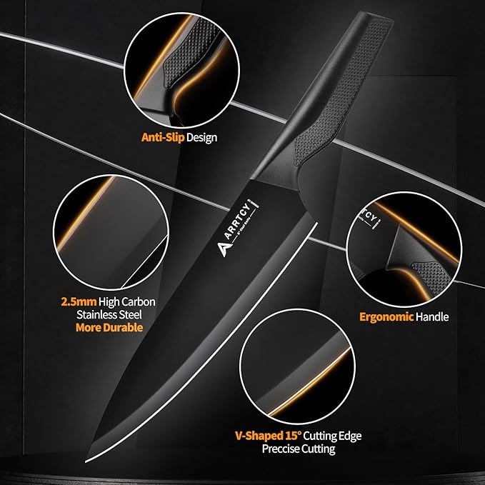 Knife Set with Block - Kitchen Knife Set German High-Carbon Steel - 15-Piece with Built-in Sharpener & Dishwasher Safe - Ergonomic Anti-Slip Handles,Black,Gift Box Included - Image 3