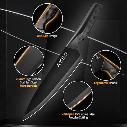 Knife Set with Block - Kitchen Knife Set German High-Carbon Steel - 15-Piece with Built-in Sharpener & Dishwasher Safe - Ergonomic Anti-Slip Handles,Black,Gift Box Included - Image 3