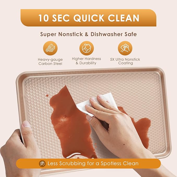 Baking Sheet Pan Set of 3, Nonstick Carbon Steel Cookie Sheets with Texture, Commercial Half/Quarter/Jelly Roll Pans Replacement Toaster Oven Tray, Heavy Duty & Easy Clean, Rose Gold - Image 8