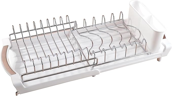 Dish Drying Rack Compact Expandable - A Space-Saving, Stainless Steel, Rust-Resistant Dish Drainer for Kitchen and Apartment Countertops/Sink Cabinets, Extendable from 11.42 to 19.9 inches (White) by PINCHENG