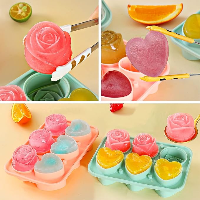 Rose Ice Cube Mold, Heart Shapes Ice Cube Tray, Silicone Ice Mold Fun Shapes with Clear Funnel-type Lid, 3 Heart & 3 Rose Ice Balls for Chilling Whiskey Cocktails Drinks, Pink