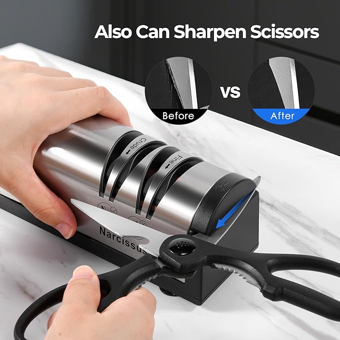 Narcissus Knife Sharpener, Professional 2 Stage Electric Knife Sharpener for Quick Sharpening & Polishing, with Scissors Sharpener and Metal Dust Collection Box, Stainless Steel, Silver - Image 5