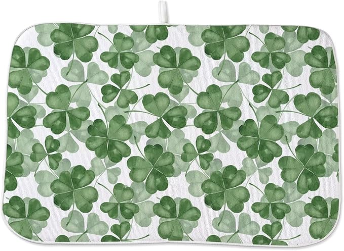 St Patricks Day Dish Drying Mat 18 x 24 inch Dark Green Clover Print Decorative Drying Mats Microfiber Absorbent Shamrock Dish Washable Draining Mat for Kitchen Counter Decor