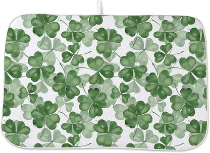 St Patricks Day Dish Drying Mat 18 x 24 inch Dark Green Clover Print Decorative Drying Mats Microfiber Absorbent Shamrock Dish Washable Draining Mat for Kitchen Counter Decor