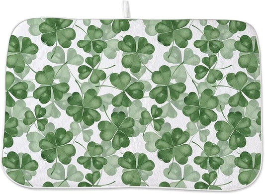 St Patricks Day Dish Drying Mat 18 x 24 inch Dark Green Clover Print Decorative Drying Mats Microfiber Absorbent Shamrock Dish Washable Draining Mat for Kitchen Counter Decor