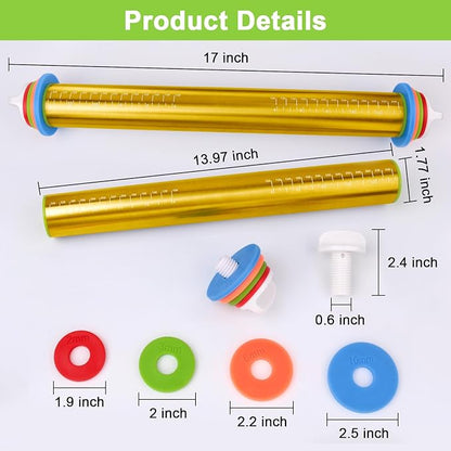 Adjustable Rolling Pins for Baking, Stainless Steel Rolling Pin with Thickness Rings, Metal Dough Roller for Fondant Cookies Pastry Pizza Pasta, Measuring Rolling Pin Baking Tools for Cake Baker, Gold - Image 2