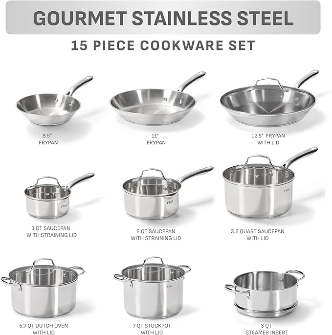 T-fal Gourmet 15-Piece Stainless Steel Cookware Set, Pots and Pans Cooking Set, Dishwasher Safe, Oven Safe to 500°F, Induction Compatible, Stock Pot, Sauce, Saute, Frying Pans, Silver - Image 2