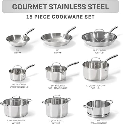 T-fal Gourmet 15-Piece Stainless Steel Cookware Set, Pots and Pans Cooking Set, Dishwasher Safe, Oven Safe to 500°F, Induction Compatible, Stock Pot, Sauce, Saute, Frying Pans, Silver - Image 2