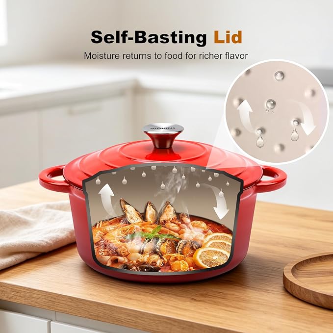 Enameled Cast Iron Dutch Oven - 5.5QT Pot with Lid,Oven Safe to 500°F,Heavy-Duty Cookware for Sourdough Bread Baking,Braising,Stews,Roasting Red - Image 4