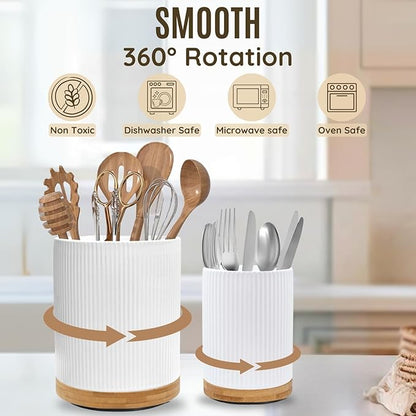 2 Pack Ceramic Utensil Holder, 7.3"+5.4" Large kitchen utensils holder for Countertop, 360° Rotating Cooking Utensil Crock for Kitchen Counter with Detachable Wooden Base, Kitchen Décor - Image 2