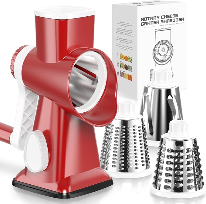 KEOUKE Rotary Cheese Grater Hand Crank Red - Shredder Slicer Grinder 3 Stainless Steel Blades, Stable Suction, Labor-Saving Handle, Safe Kitchen Tool for Cheese, Vegetable, Nuts, Chocolate by KEOUKE