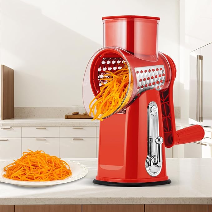 SUSTEAS Rotary Cheese Grater with Handle - Vegetable Shredder with 5 Well-designed Blades & Strong Suction Base,Round Mandoline Slicer & Food Chopper for Kitchen,with Blade Storage Box(Red) - Image 8