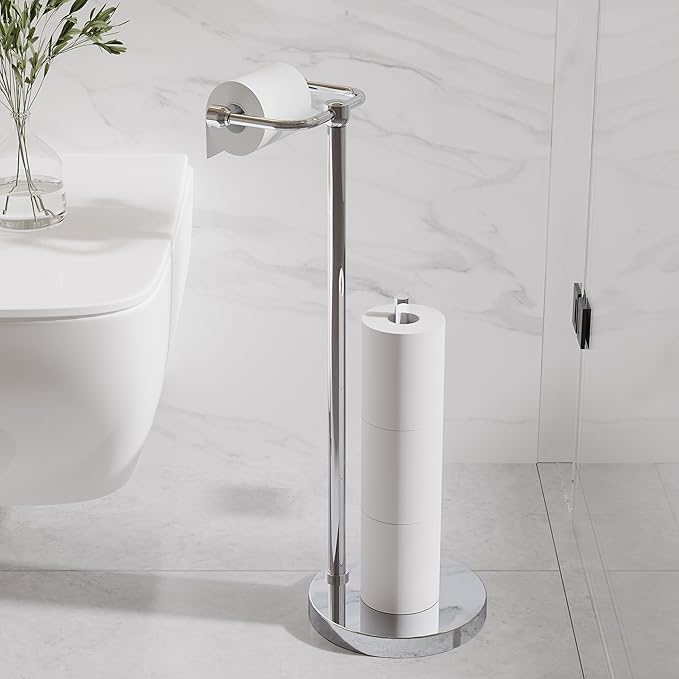 RARXTR Toilet Paper Holder Stand, Post Pivoting Design Free Standing Toilet Paper Holder with Storage for 4 Rolls, SUS304 Stainless Steel Tissue Holder with Reserve, Heavy-Duty Base (Chrome)