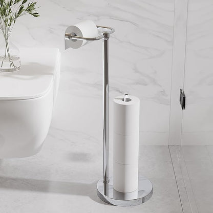 RARXTR Toilet Paper Holder Stand, Post Pivoting Design Free Standing Toilet Paper Holder with Storage for 4 Rolls, SUS304 Stainless Steel Tissue Holder with Reserve, Heavy-Duty Base (Chrome)