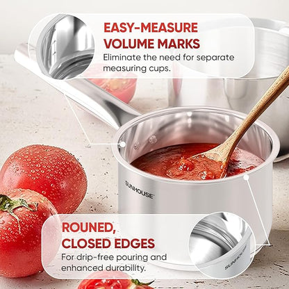 SUNHOUSE – 1.5 Quart Stainless Steel Sauce Pan with Lid - PFOA-FREE, Stainless Steel Sauce Pan, Induction base, Stay-Cool Handle, Compatible with All Cooktops Gas, Geramic, Electric etc. - Image 5
