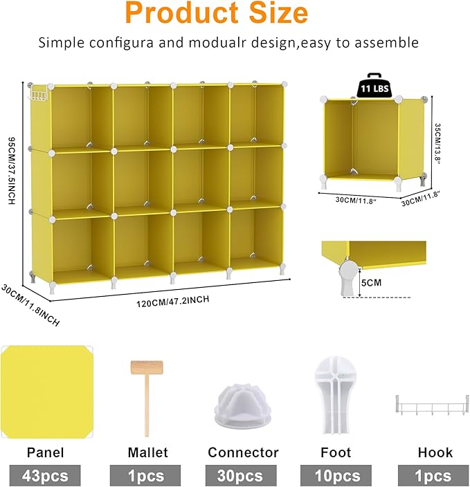 AWTATOS Cube Storage Organizer, Storage Cubes Shelves, 12 Cube Closet Organizers and Storage, DIY Stackable Bookshelf Plastic Clothes Organizer Shelving for Bedroom, Home,Yellow - Image 3