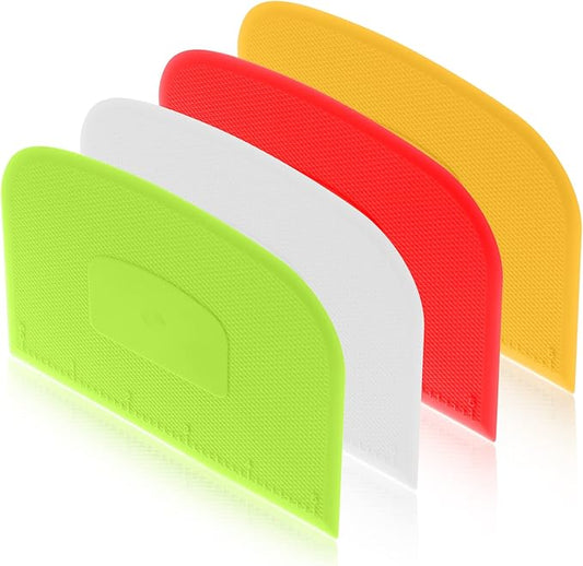 4 Piece Plastic Dough Scraper Bowl Scraper Flexible Multipurpose Food Scraper Plastic Dough Cutter for Bread Cake Dough Fondant Icing (White, Green, Yellow, Red) by Aedida