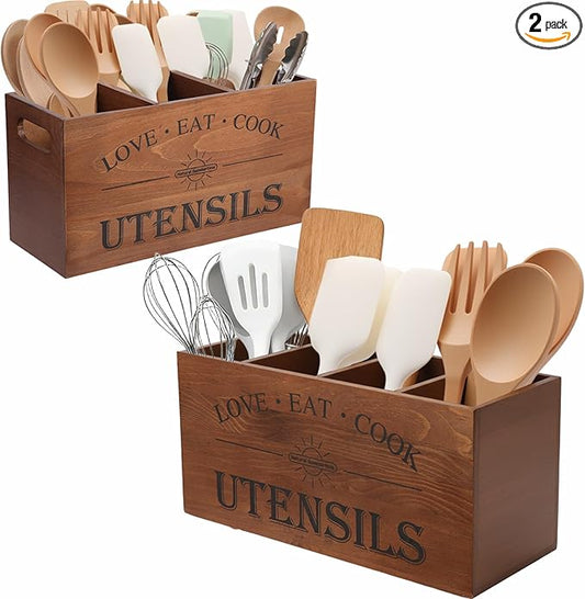 2 PC Wooden Utensil Holder,（With 4-Compartments size*1 + 3-Compartments size*1） Extra Large Kitchen Counter,Cooking Spatula Organizer,Farmhouse Decor, Rustic Cooking Utensil by Unknown