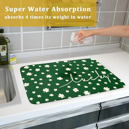 Giwawa St Patricks Day Dish Drying Mat Green Lucky Clovers Dish Drainer Mats 18"x24" Shamrock Holiday Microfiber Reversible Dish Drying Rack Pad Protector for Kitchen Countertop Large Decor