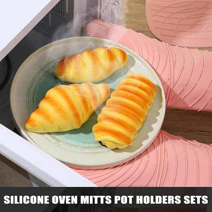 4 Pieces Oven Mitts of Macaron Color Thickened Non-Slip Silicone Kitchen Gloves, Heat Resistant up to 750F, Essential for Kitchen Baking (Pink) - Image 4