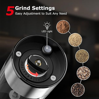 Bonsenkitchen Electric Salt and Pepper Grinder Set, 95ml Large Capacity, Clean Brush, Stainless Steel Adjustable Pepper Mill with LED for Kitchen, BBQ & Camping, Battery Powered (Not Included) - Image 3
