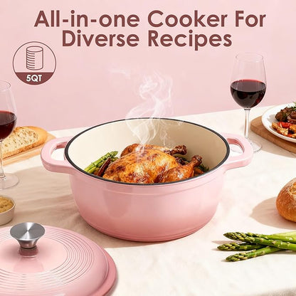 Cast Iron Dutch Oven Pot With Lid - AIVIKI 5QT Enameled Dutch Oven for Bread Baking With Cotton Potholders - Heavy- Duty Cookware Across All Cooktops, Wedding Registry Ideas & Gifts, Pink - Image 5