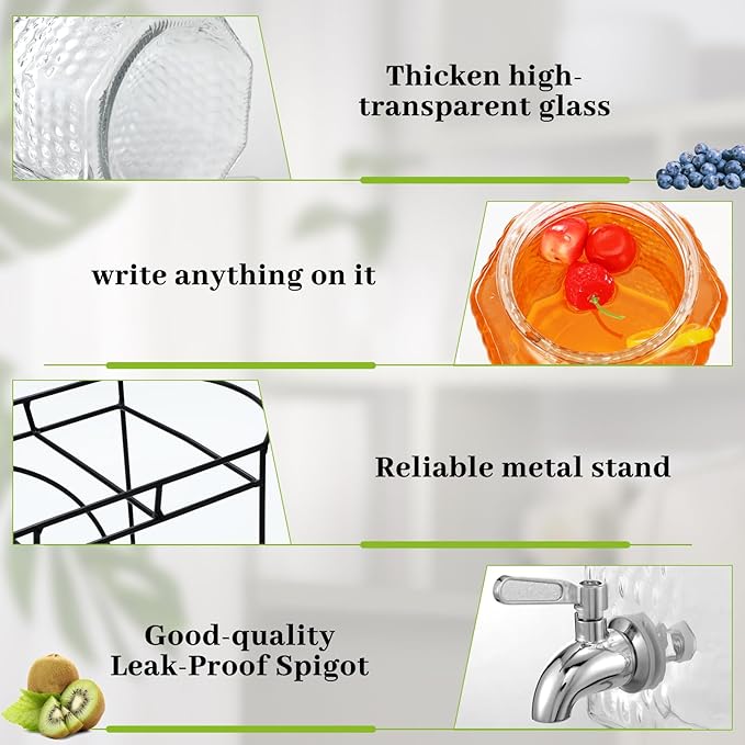 3 Pcs 1 Gallon Beverage Dispensers Glass Drink Dispenser with Stand Large Clear Drink Containers for Parties Glass Jug with Spigot and Lid for Party Bar Juice Lemonade Punch Water Tea