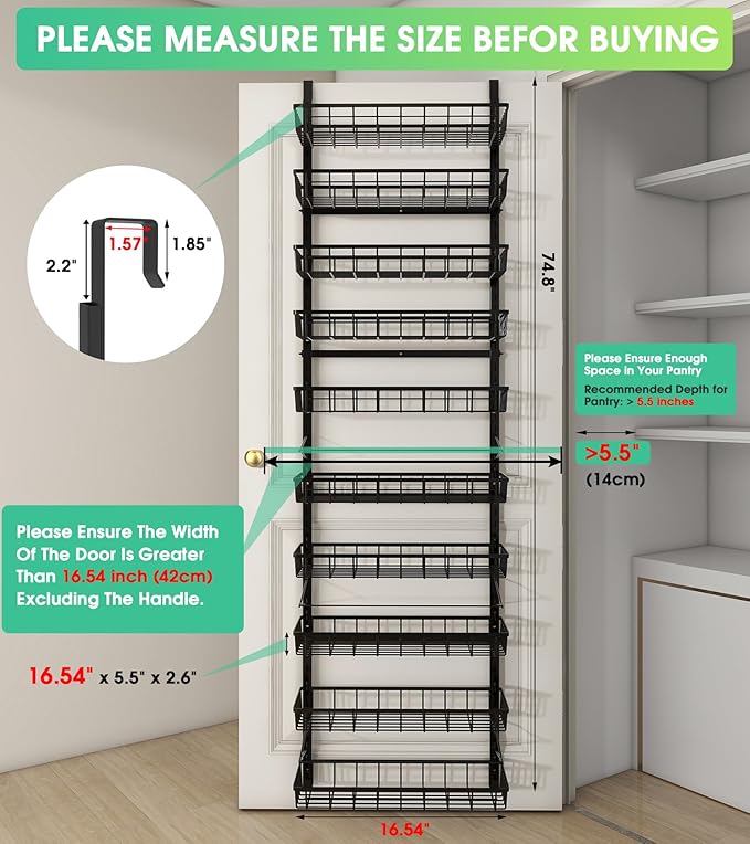 Mefirt 10-Tier Over The Door Pantry Organizer, Pantry Organization and Storage, Black Metal Hanging Adjustable Basket, Wall Spice Rack Seasoning Shelves, Home & Kitchen Essentials - Image 2