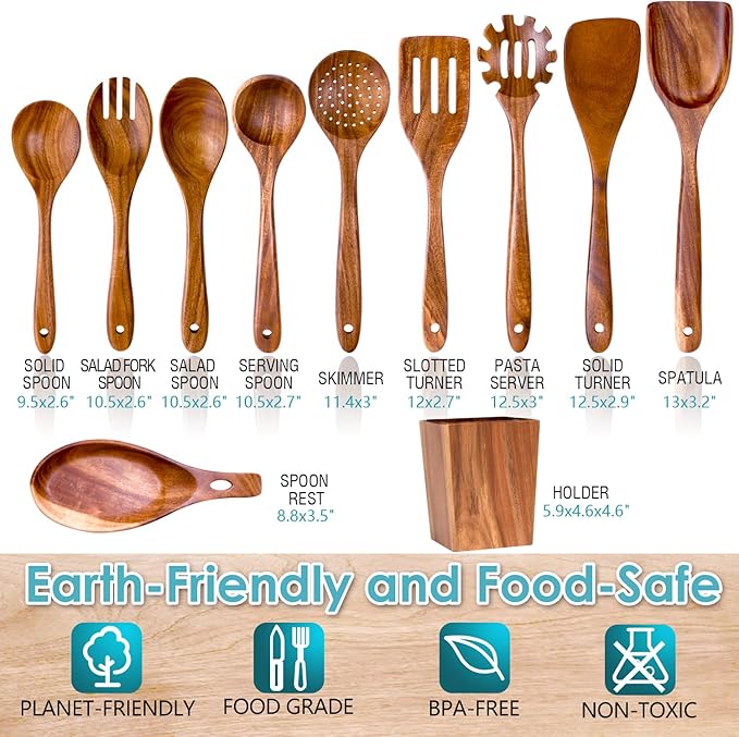 HOWHONG Wooden Spoons for Cooking, Premium Acacia Wood Kitchen Utensil Set, Handmade Wooden Utensils for Nonstick Cookware, Heat Resistant, Smooth Finish, Comfortable Grip, with Holder, Gift Ready - Image 2