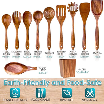 HOWHONG Wooden Spoons for Cooking, Premium Acacia Wood Kitchen Utensil Set, Handmade Wooden Utensils for Nonstick Cookware, Heat Resistant, Smooth Finish, Comfortable Grip, with Holder, Gift Ready - Image 2