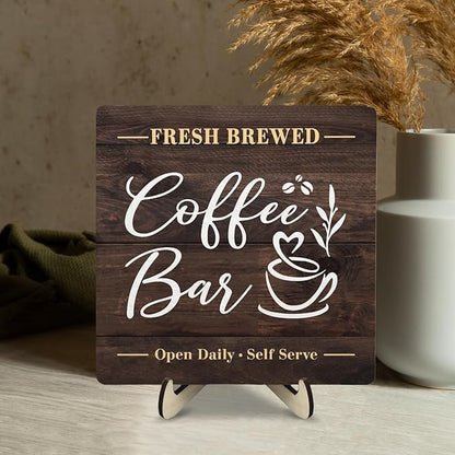 Coffee Bar Sign Plaque, Rustic Wooden Tabletop Plaque with Stand, Vintage Farmhouse Café Counter Sign for Kitchen Coffee Station, Fresh Brewed Mini Bar Decor 5.9x5.9inch - Image 7