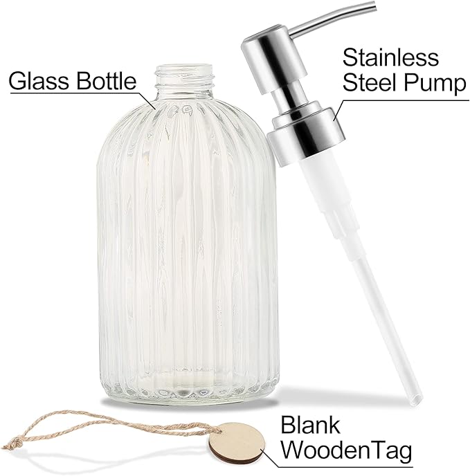 MOCLIF 16 OZ Soap Dispenser，Tempered Glass Clear Vertical Stripe with 304 Rust Proof Stainless Steel Pump Refillable Liquid Hand Soap Dispenser，for Bathroom, Kitchen, Dish Soap，Lotion (Clear) - Image 3
