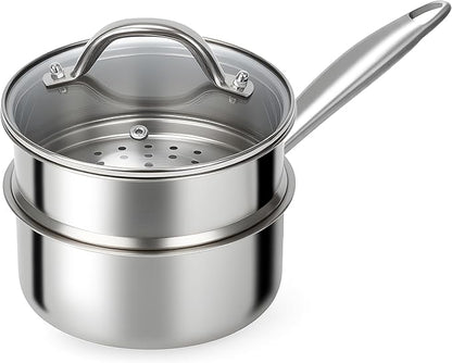 Ohtomber Stainless Steel Sauce Pan - Tri-Ply 1.5 Quarts Steamer for Cooking, Small Cooking Pot with Steamer Basket, Sauce Pan with Lid, Non Stick Saucepan, Induction Steam Pot for Vegetable, Oatmeal by Ohtomber