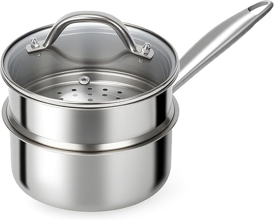 Ohtomber Stainless Steel Sauce Pan - Tri-Ply 1.5 Quarts Steamer for Cooking, Small Cooking Pot with Steamer Basket, Sauce Pan with Lid, Non Stick Saucepan, Induction Steam Pot for Vegetable, Oatmeal by Ohtomber