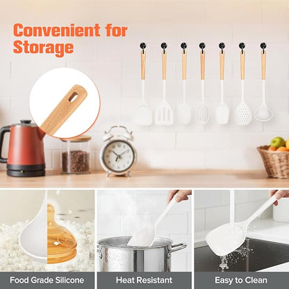 Silicone Cooking Utensils Set of 10 with Wooden Handle,No Scratch for Nonstick Cookware,Slotted Spoon&Spatula,Solid Spoon&Spatula,Large Measuring Ladle,Brush,Rice Paddle,Baking Turner&Flipper (White)