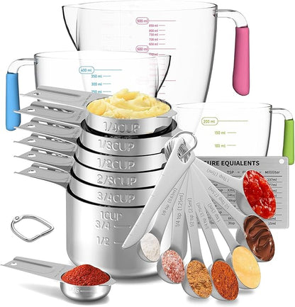 Stainless Steel Measuring Cups and Spoons Set, 6 Stainless Steel Measuring Cups, 7 Measuring Spoons & 1 Leveler, 3 Plastic Measuring Cup with 1 Measuring Conversion Chart by Unknown