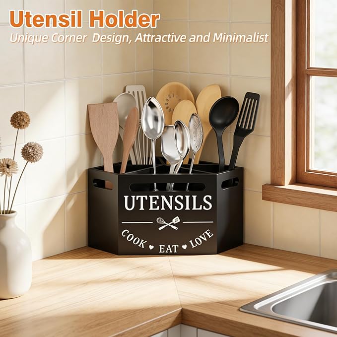 Kitchen Utensils Holder with 5 Compartments, Corner Utensil Caddy for Countertop, Black Large Wooden Utensil Organizer for Kitchen Countertop for Silverware Spoon Spatula - Image 6