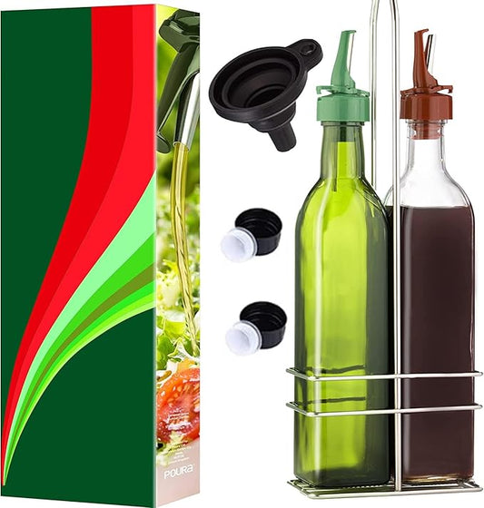 Poura Vinegar and Olive Oil Bottle Drizzler Set with ClickSeal BPA Free Pour Spouts | Glass Oil & Vinegar Dispenser Bottles for Cooking & Dining | Hygienic Covers + Silicone Decanter Funnel 250ml